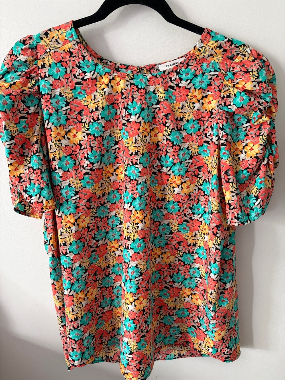 Pleione Coral, Teal & Yellow Floral Puff-Sleeve Top